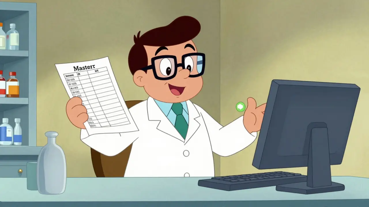 Friendly pharmacist reviewing a medication list for safety in a cartoon pharmacy