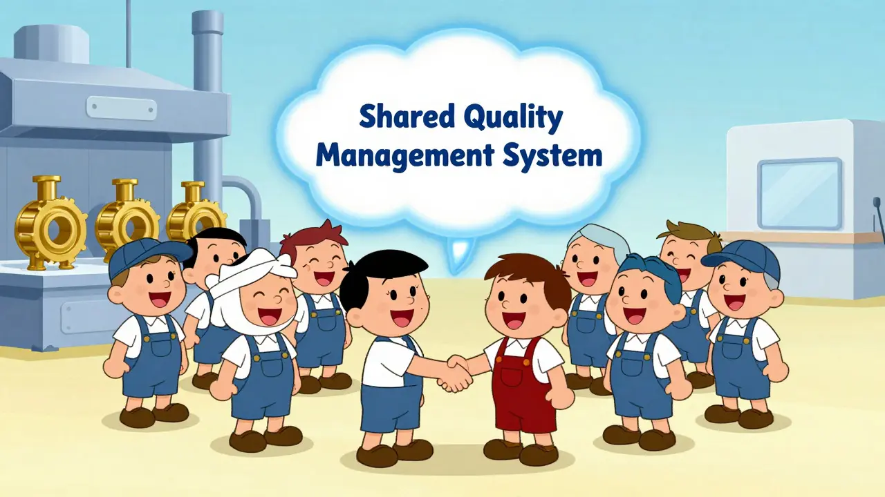 Global partners shaking hands under a digital cloud symbolizing shared quality data