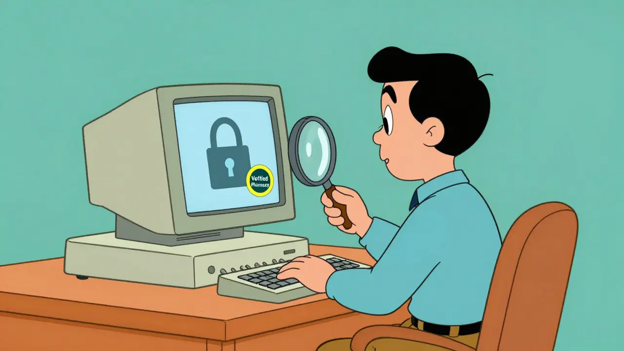 Man checking for a secure padlock icon on a retro computer screen