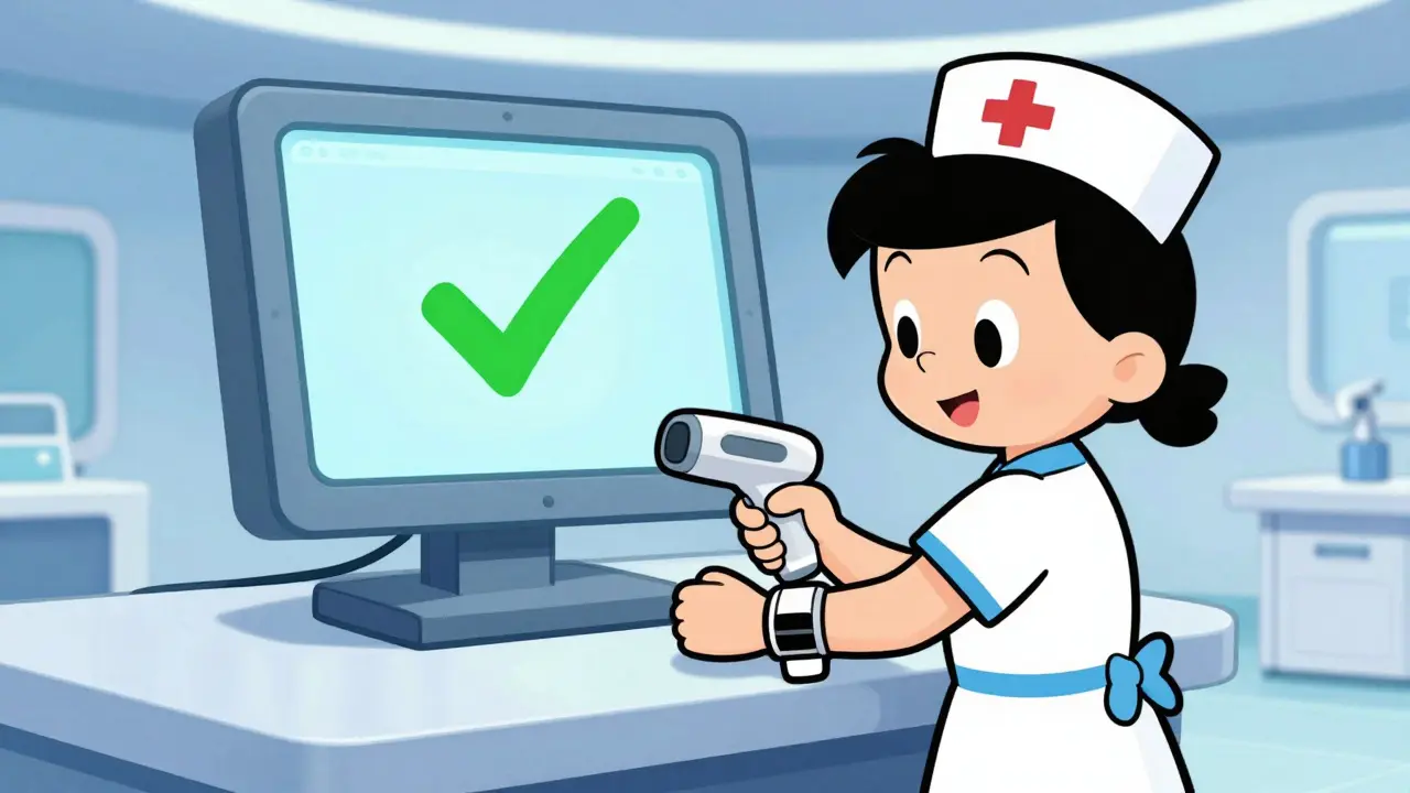 Nurse using a barcode scanner on a patient to ensure medication safety in a cartoon style.