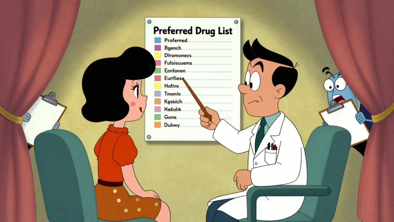 Patient and doctor reviewing a preferred drug list in a classic cartoon medical office.
