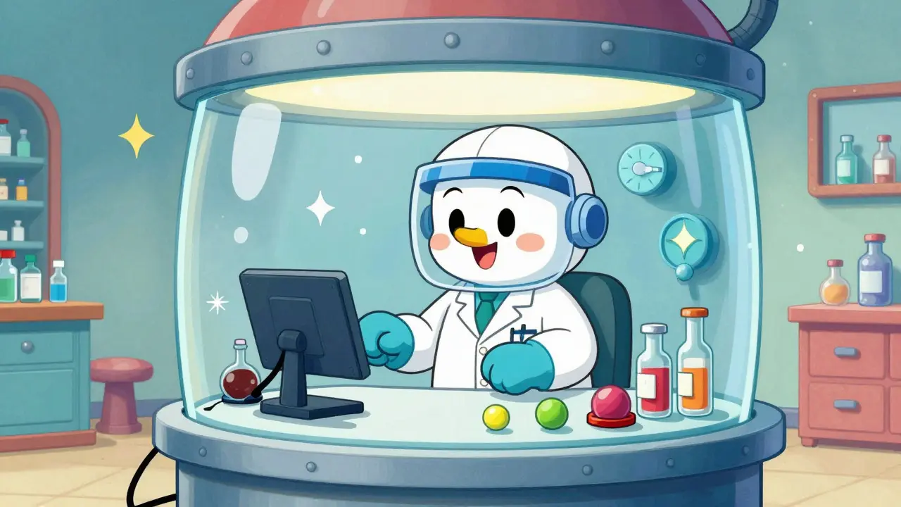 Pharmacist using a protective containment booth for hazardous drugs in cartoon style