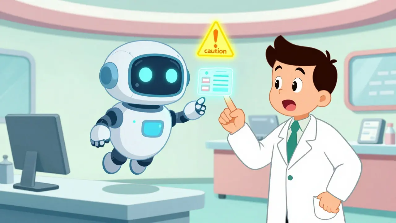 Retro-futuristic AI robot helping a pharmacist prevent a medication error