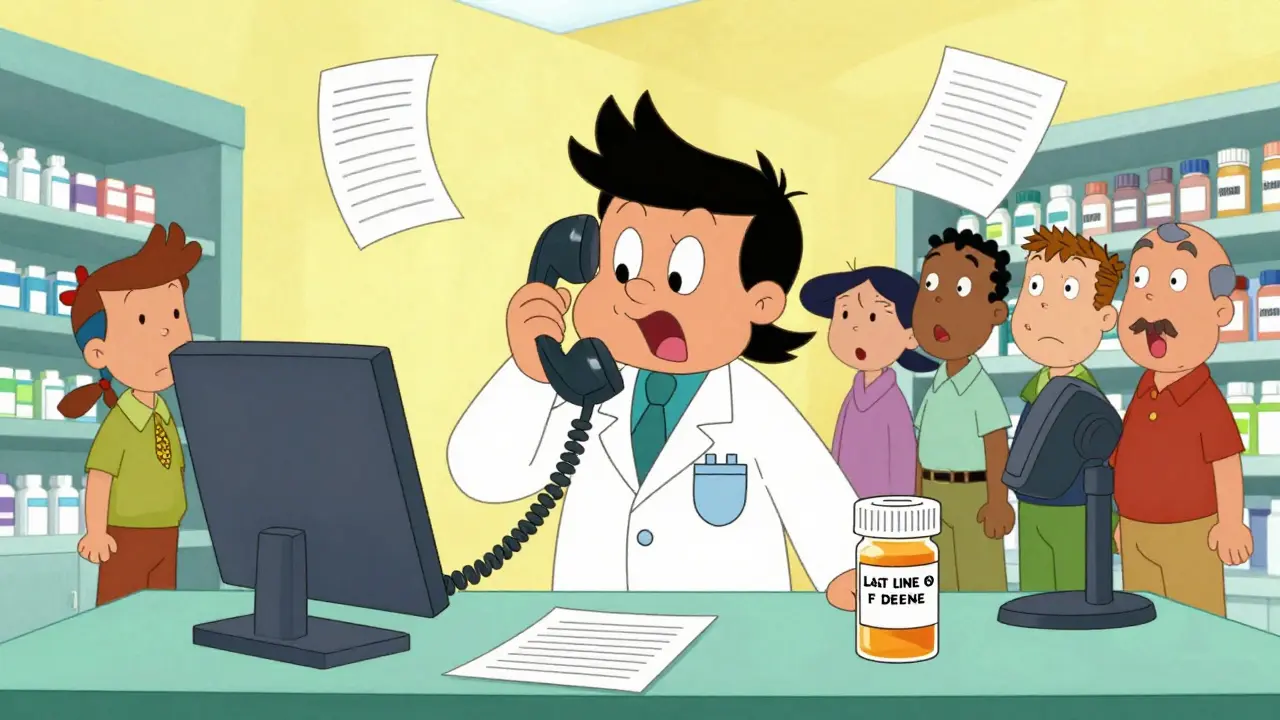 Stressed pharmacist in a busy retail store surrounded by phones and customers in cartoon style.