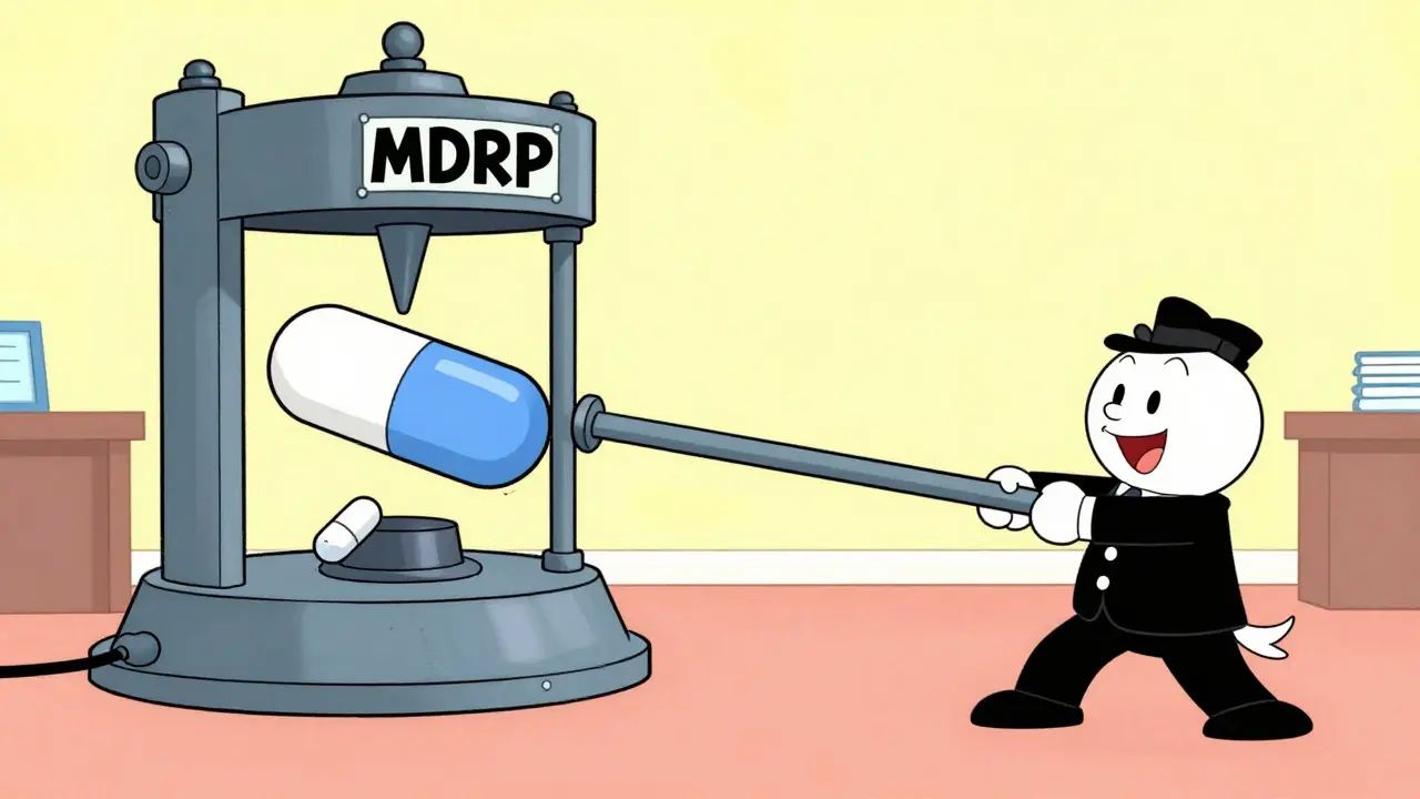 Whimsical machine representing the Medicaid Drug Rebate Program lowering medication costs.