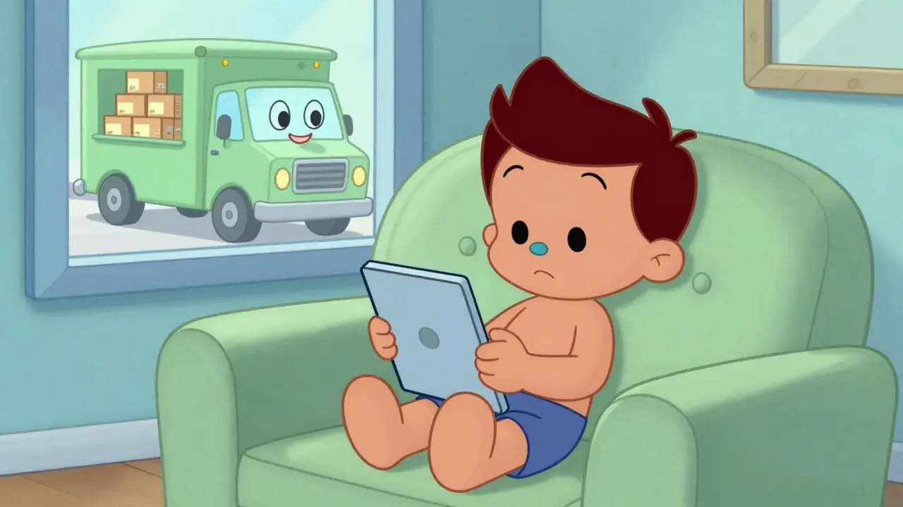 Animated character ordering meds online while delivery truck waits outside