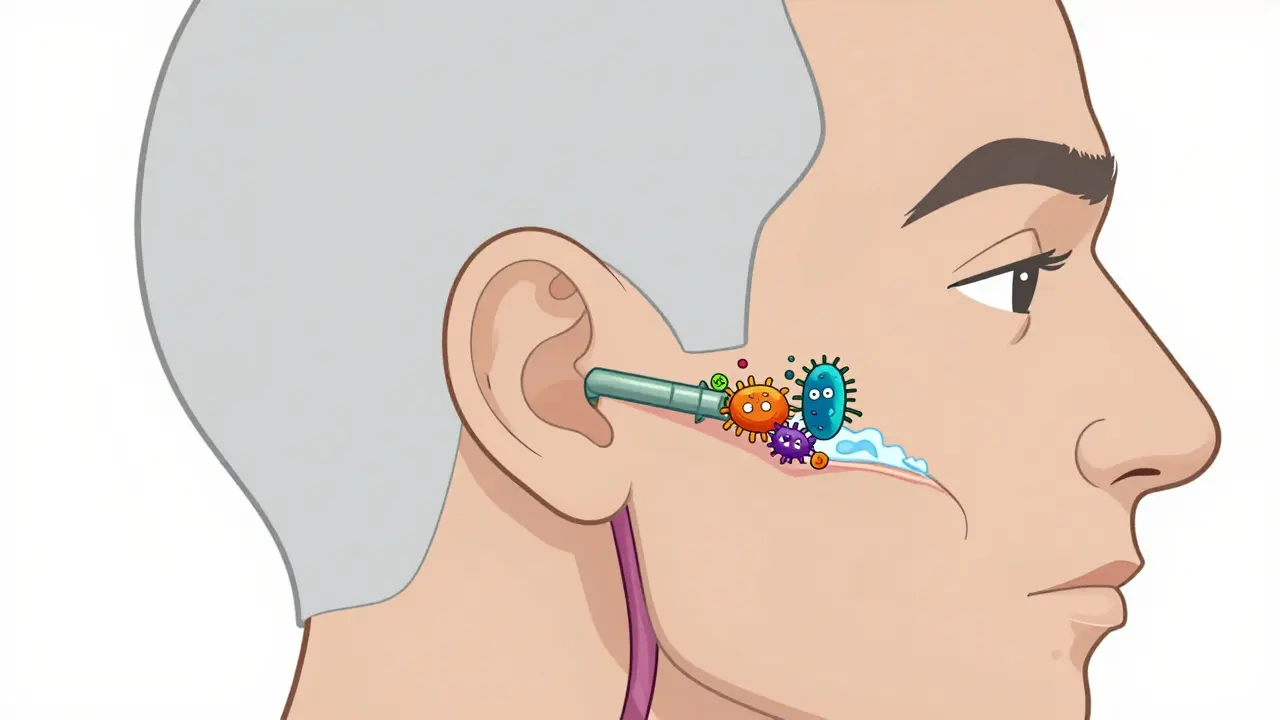Animated cross-section of ear showing blocked Eustachian tube