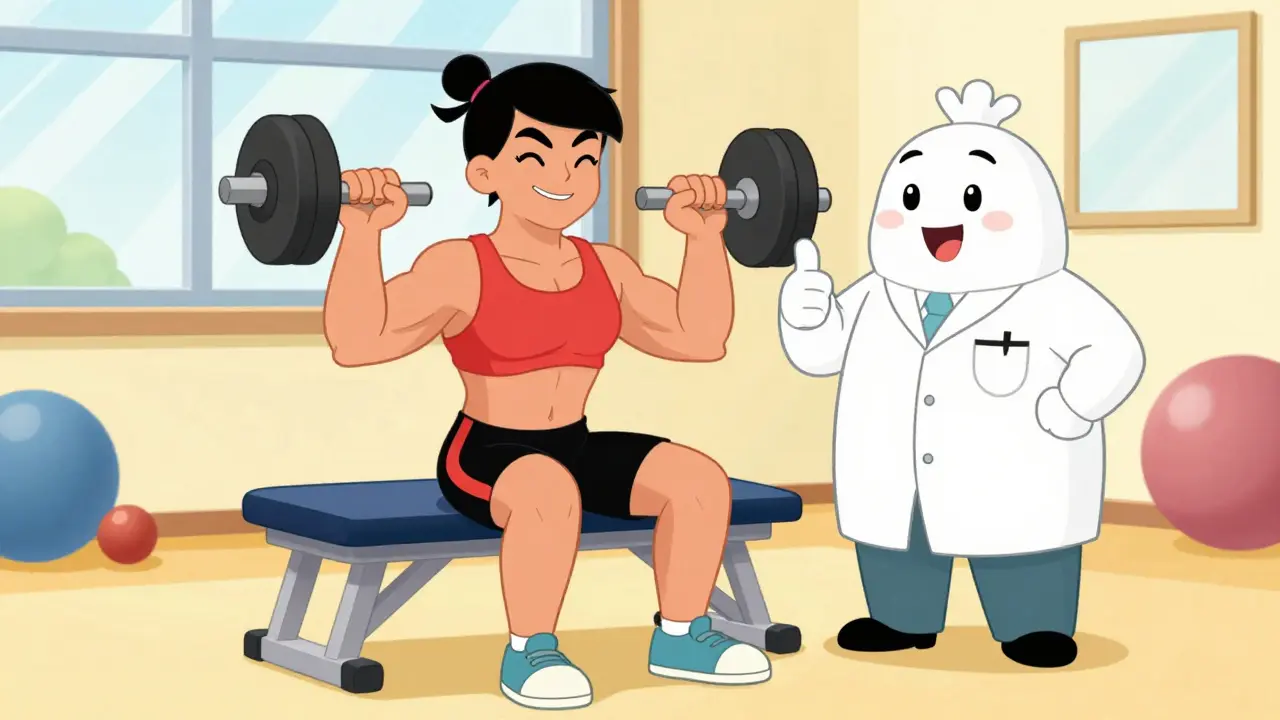 Cartoon athlete doing leg rehab exercises happily