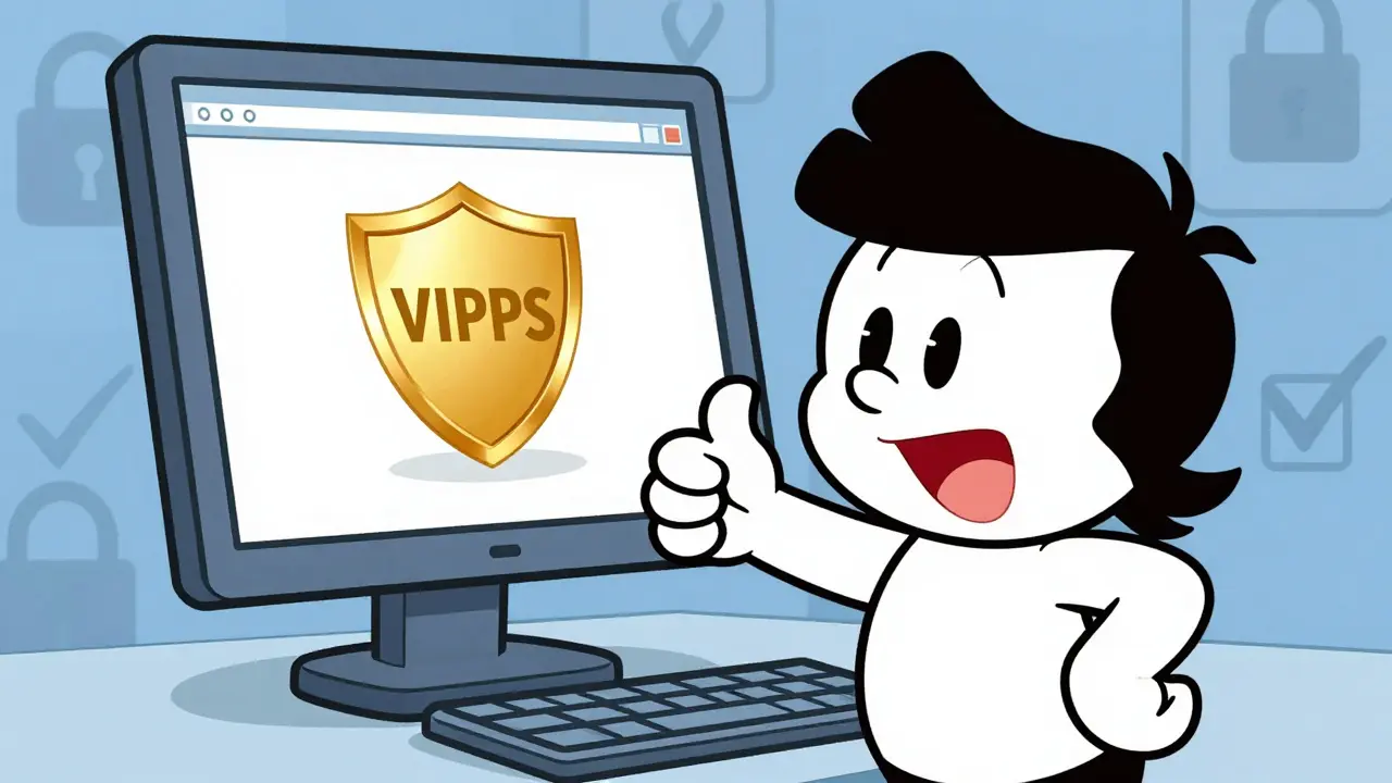 Cartoon character checking for safe pharmacy seal on computer screen