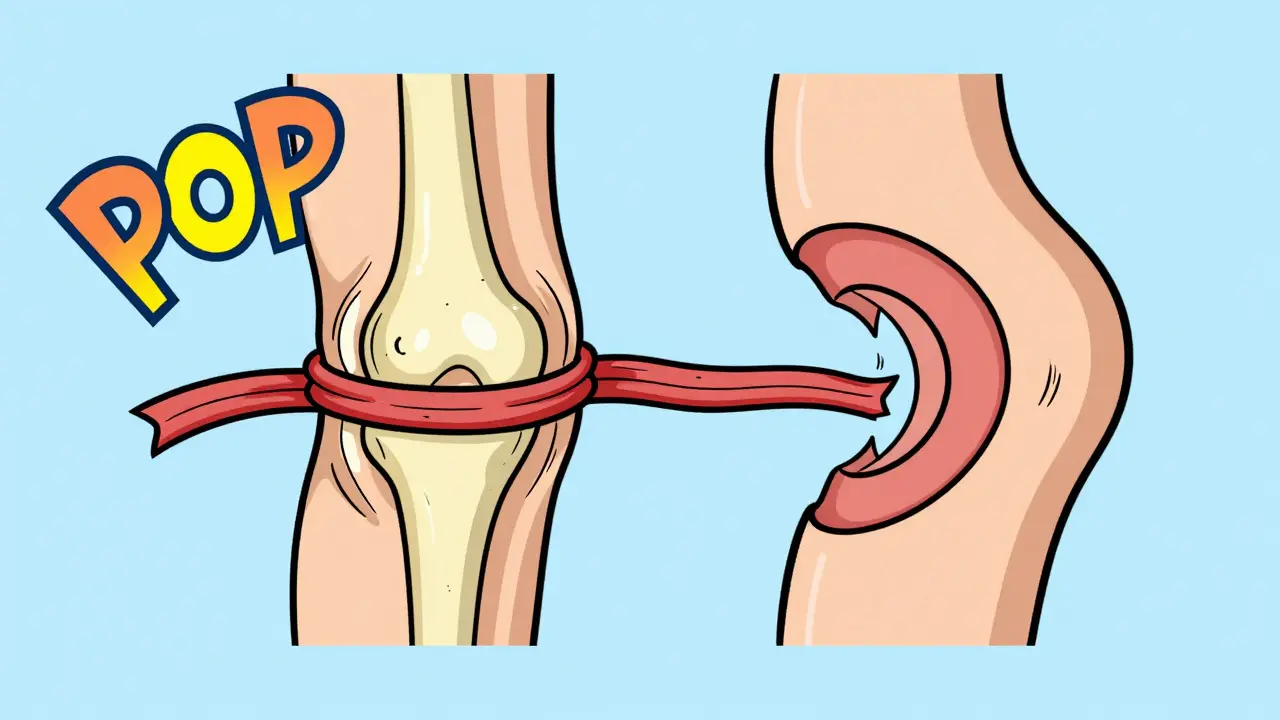 Cartoon diagram comparing ACL snap and meniscus tear