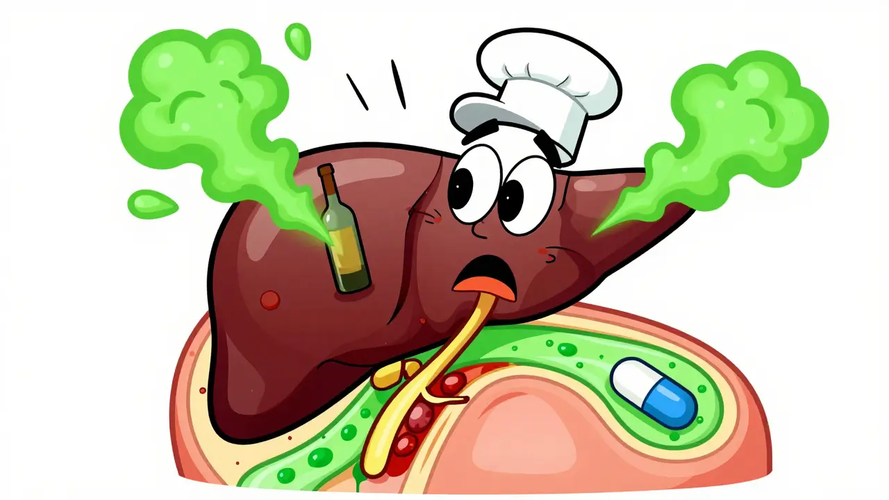 Cartoon liver struggling to process alcohol and medication toxins