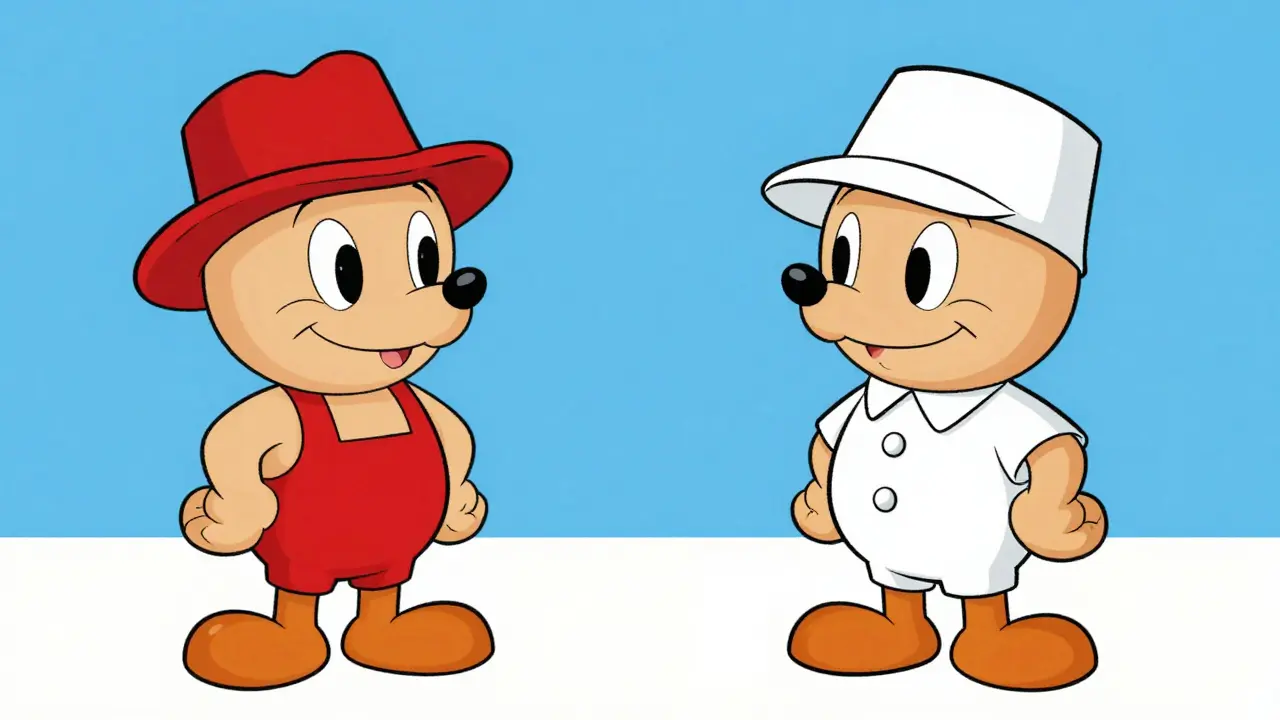 Cartoon mascots showing identical appearance with different uniforms