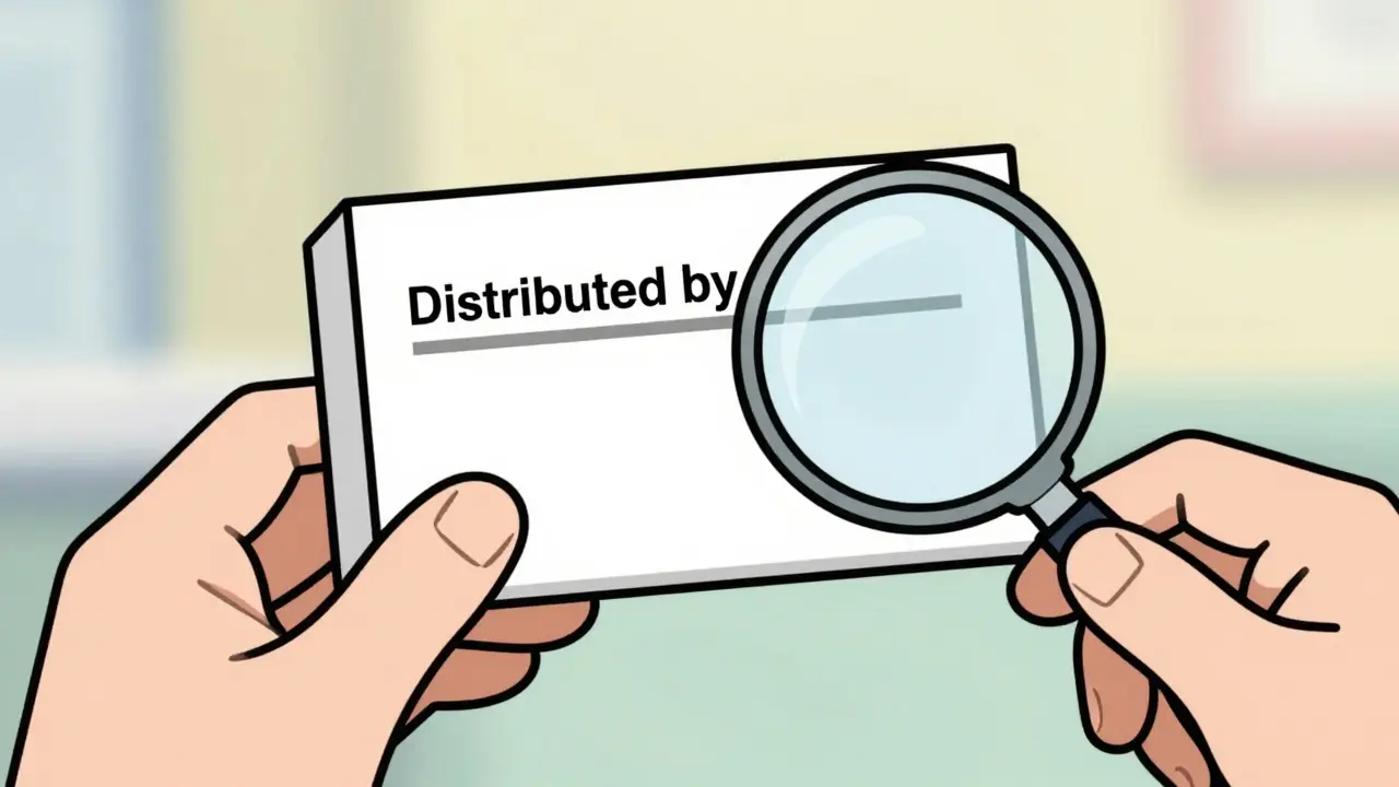 Cartoon pharmacist inspecting plain medication box for distributor details