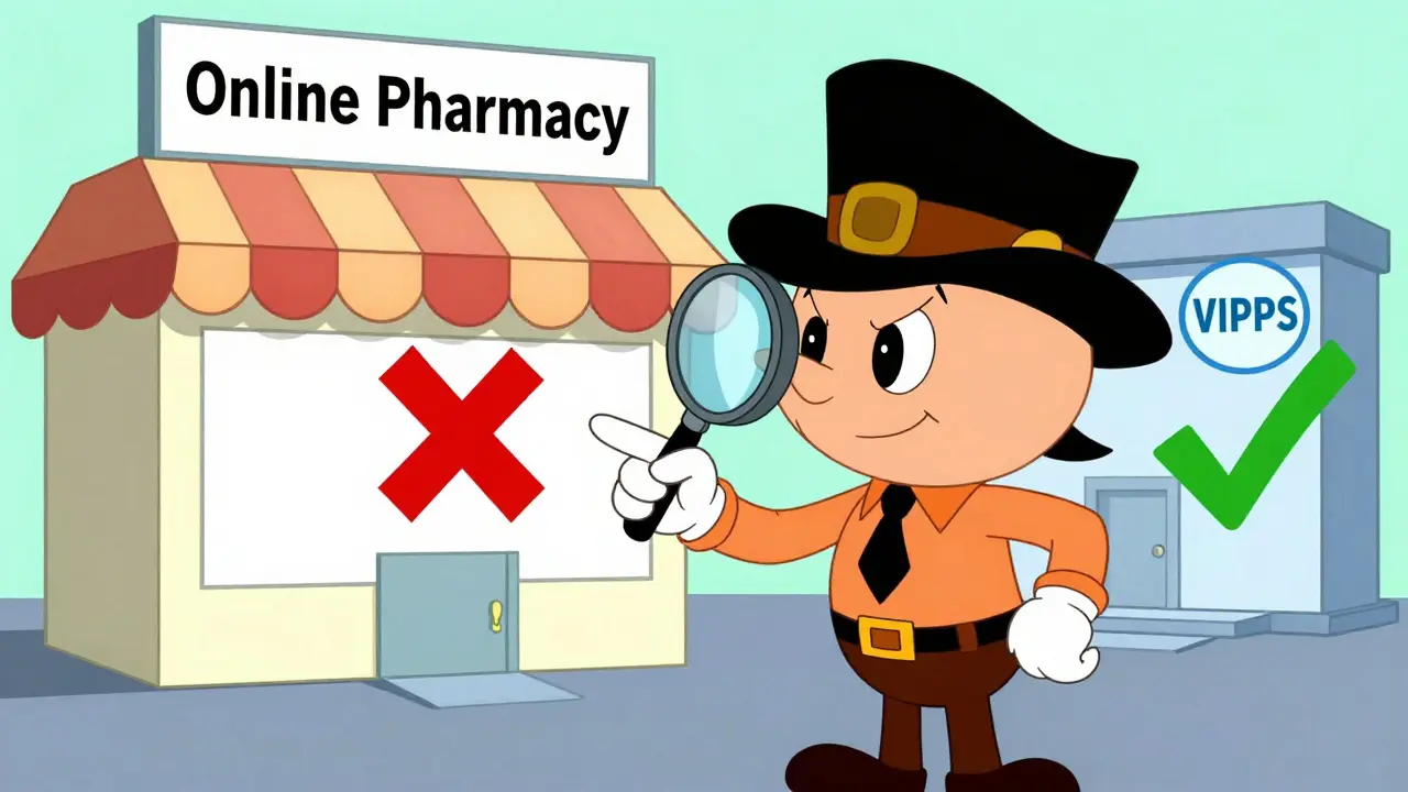 Detective checking online pharmacy for safety and accreditation