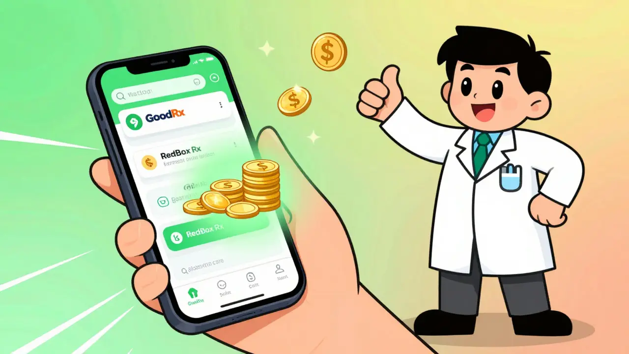 Happy person using phone app to save on medication costs