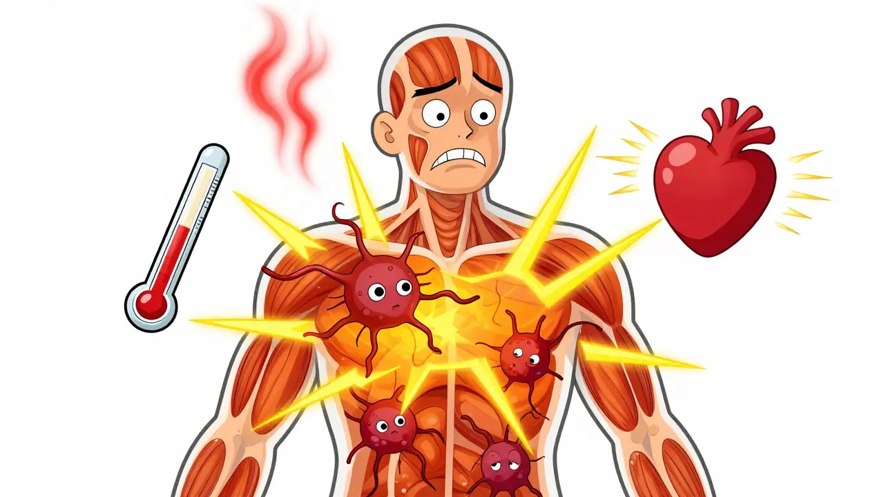 Illustration of serotonin syndrome symptoms like fever and tremors