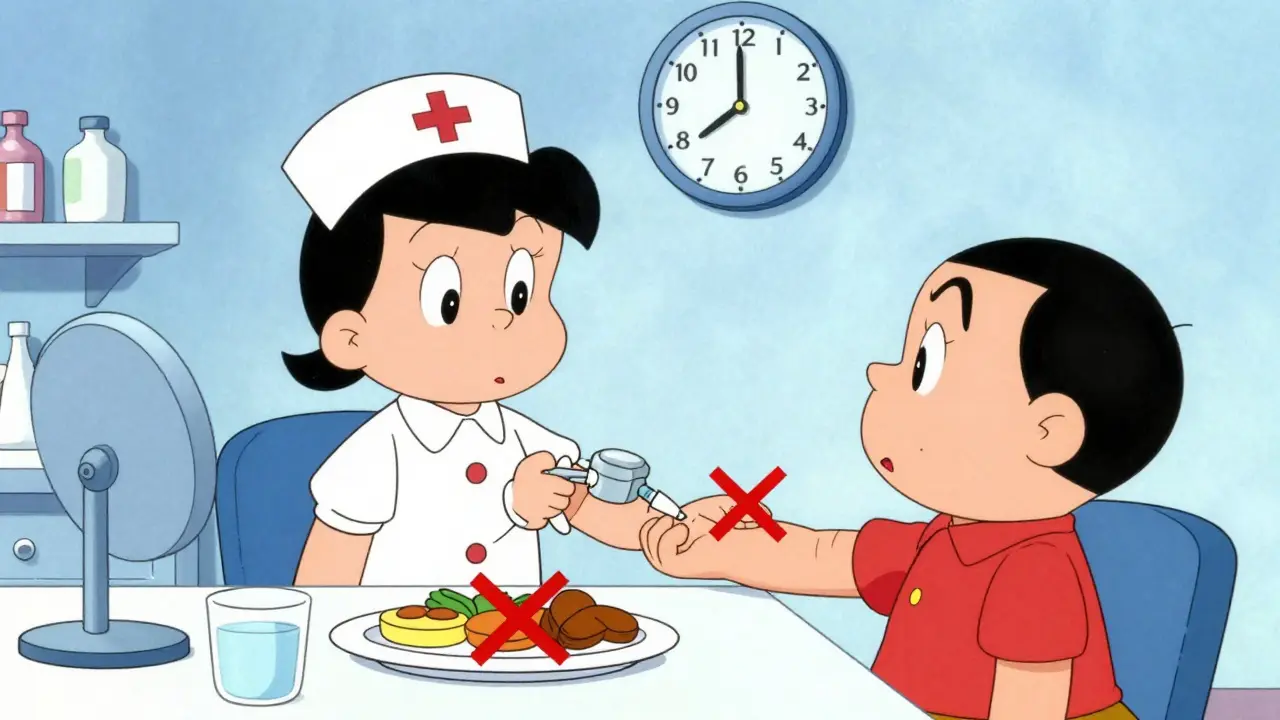 Nurse drawing blood in morning while breakfast is marked off-limits