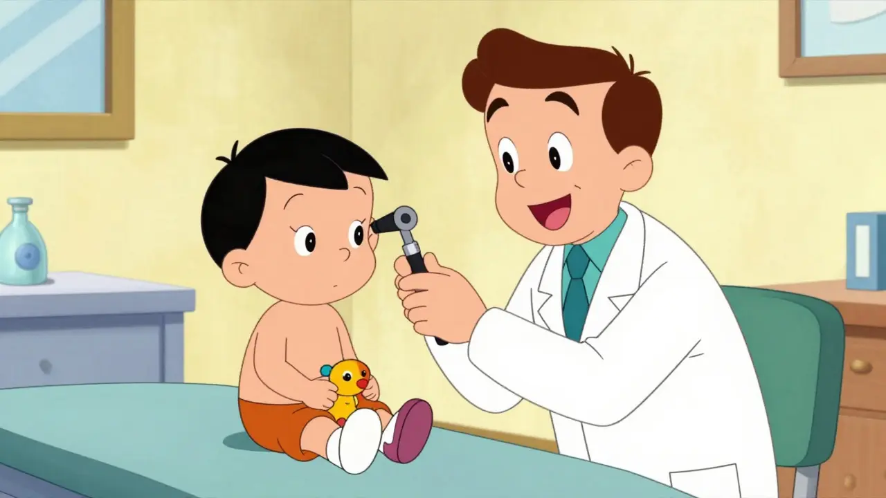 Pediatrician examining child's ear in a bright clinic