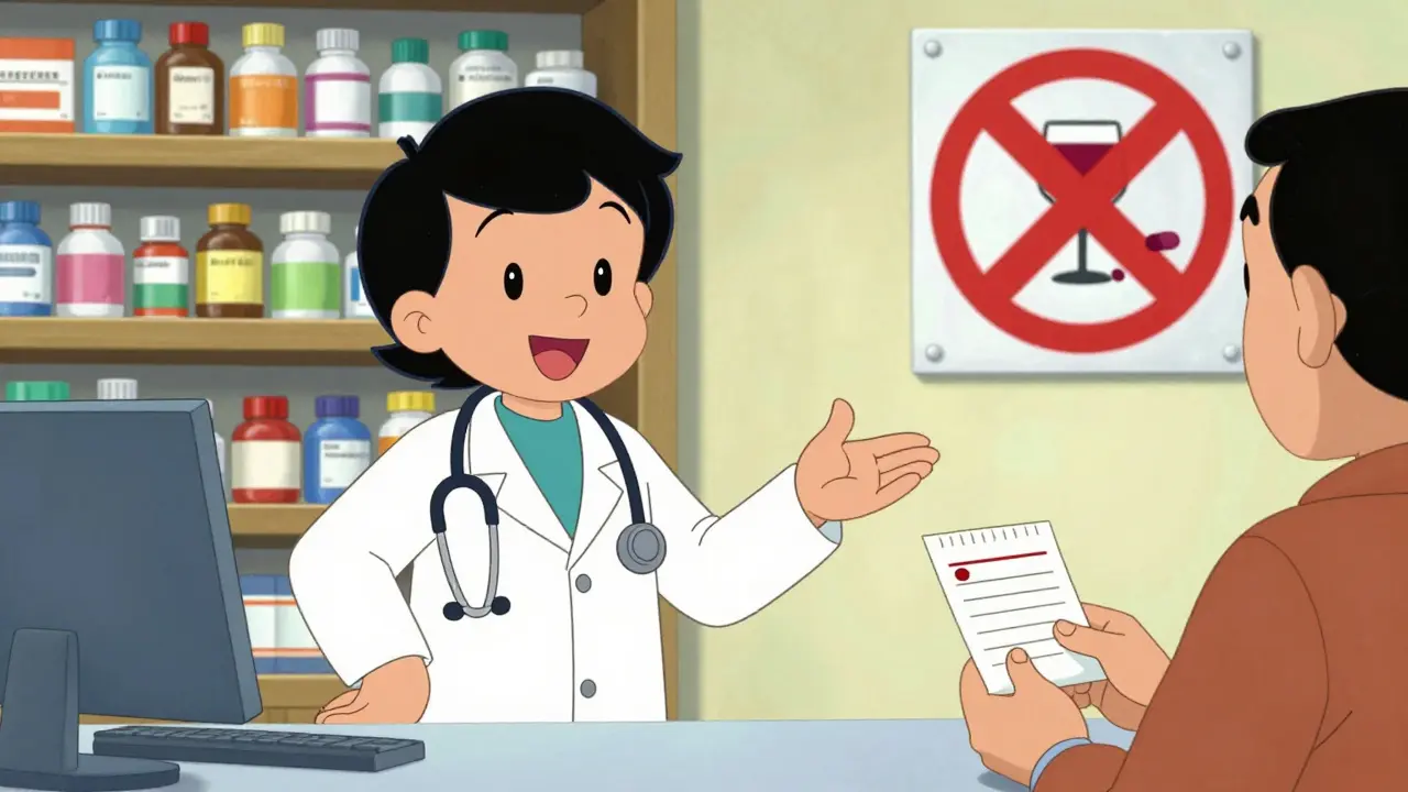 Pharmacist advising customer on safe medication use