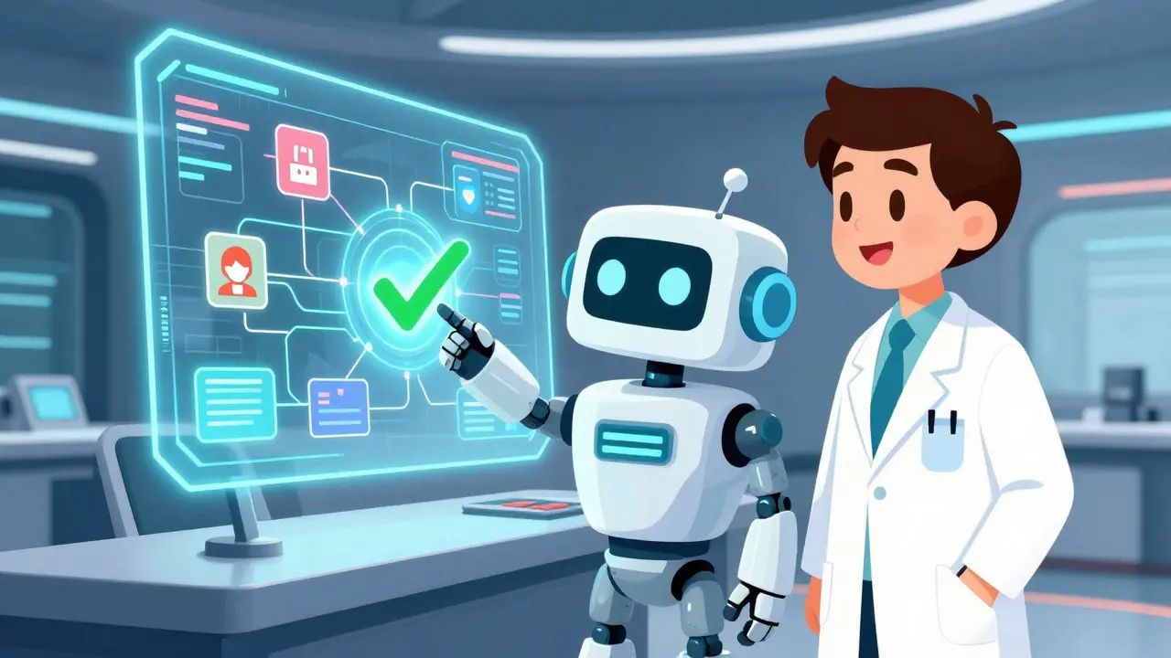 Robot and doctor analyzing data on hologram