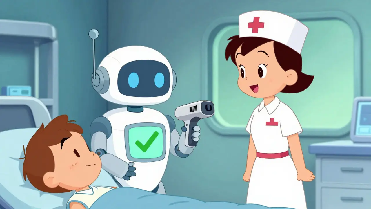 Robot assistant helping nurse verify medication at patient bedside