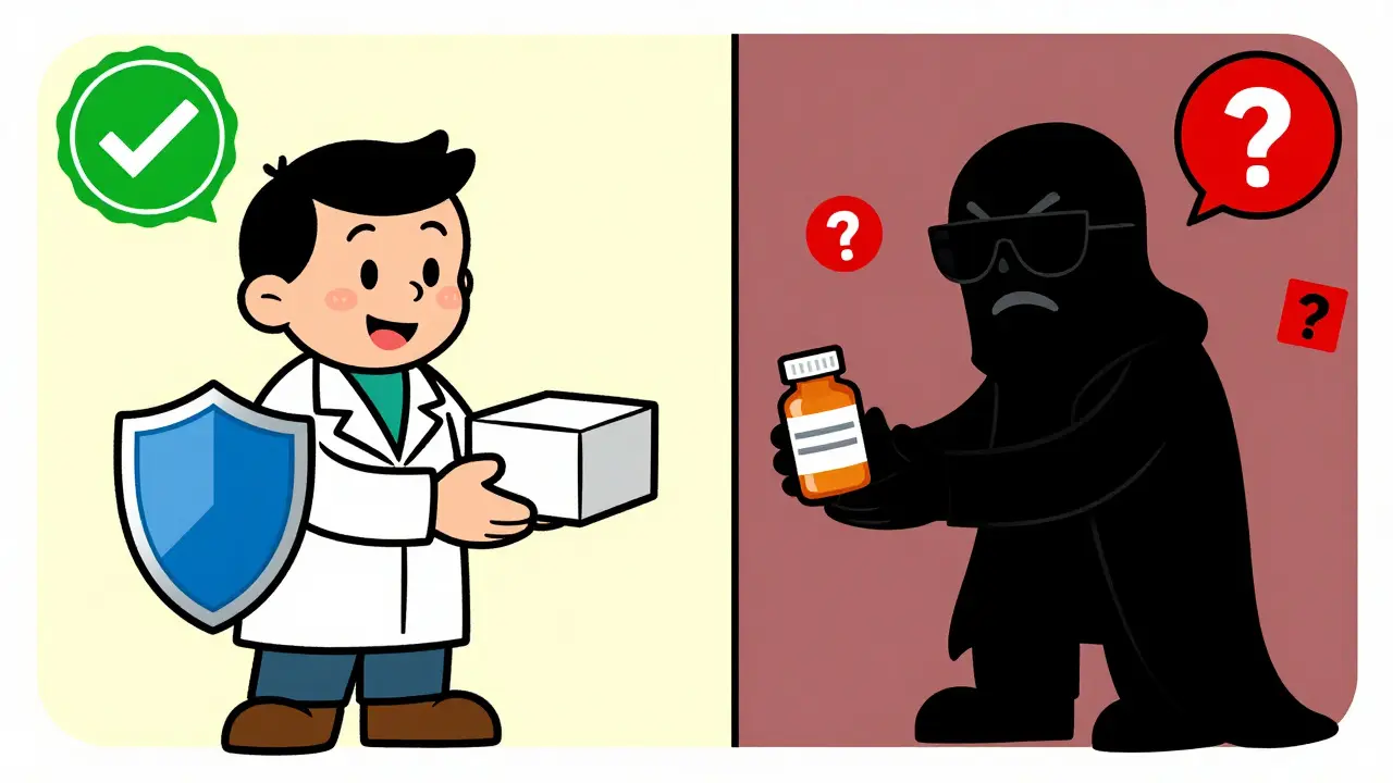 Safe vs unsafe online pharmacy comparison cartoon