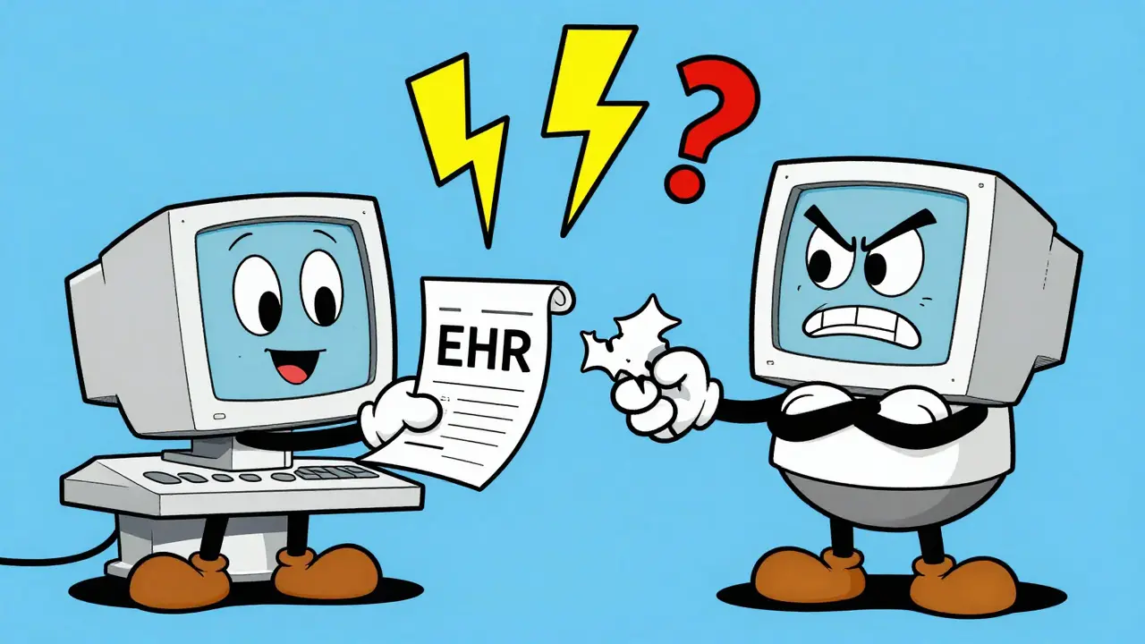 Two computer characters struggling to exchange data correctly