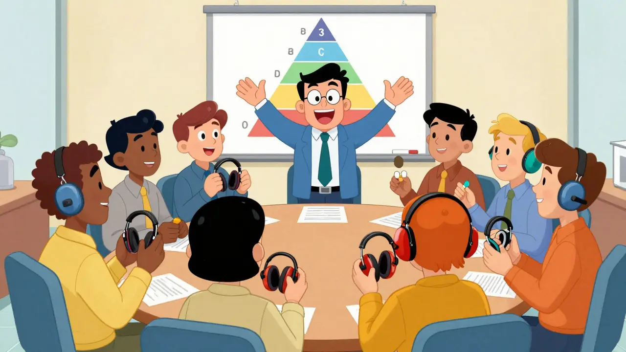 Workers choosing hearing protection at safety meeting