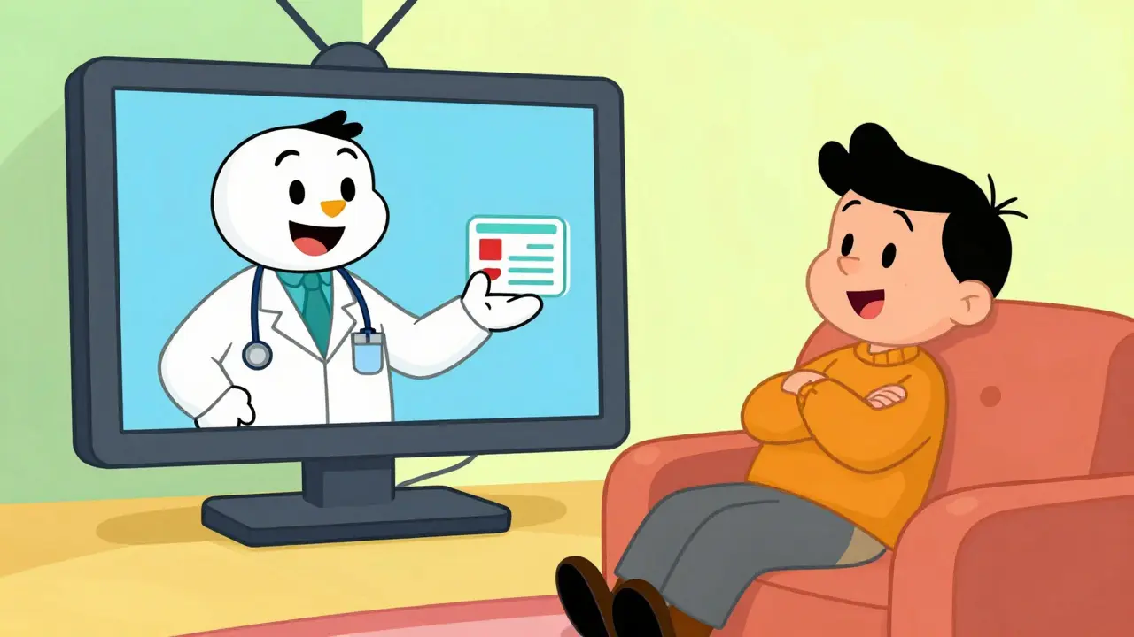 Animated doctor on screen prescribing meds to happy patient