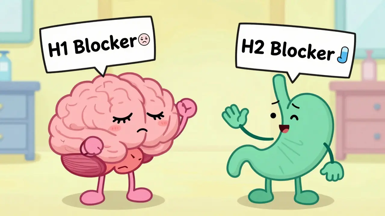 Cartoon brain and stomach explaining H1 vs H2 drug effects