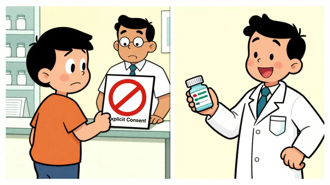 Cartoon comparison of explicit vs presumed consent pharmacy laws