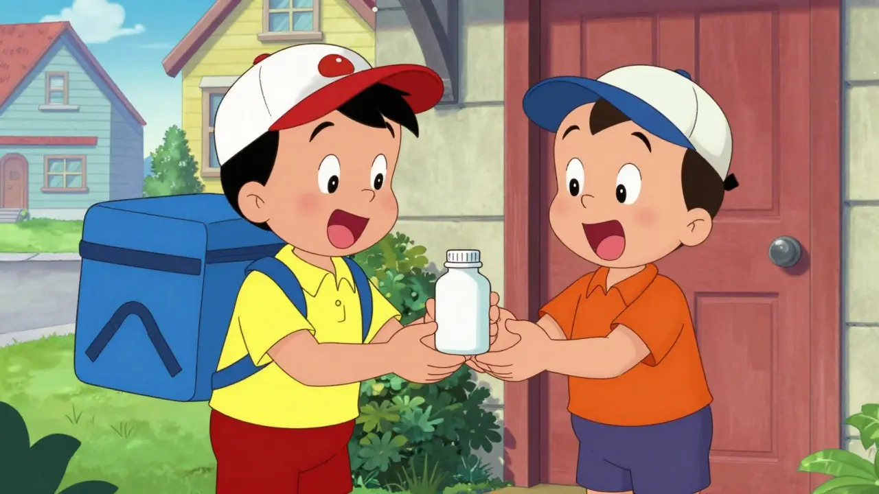 Cartoon delivery person handing medicine bottle to happy customer