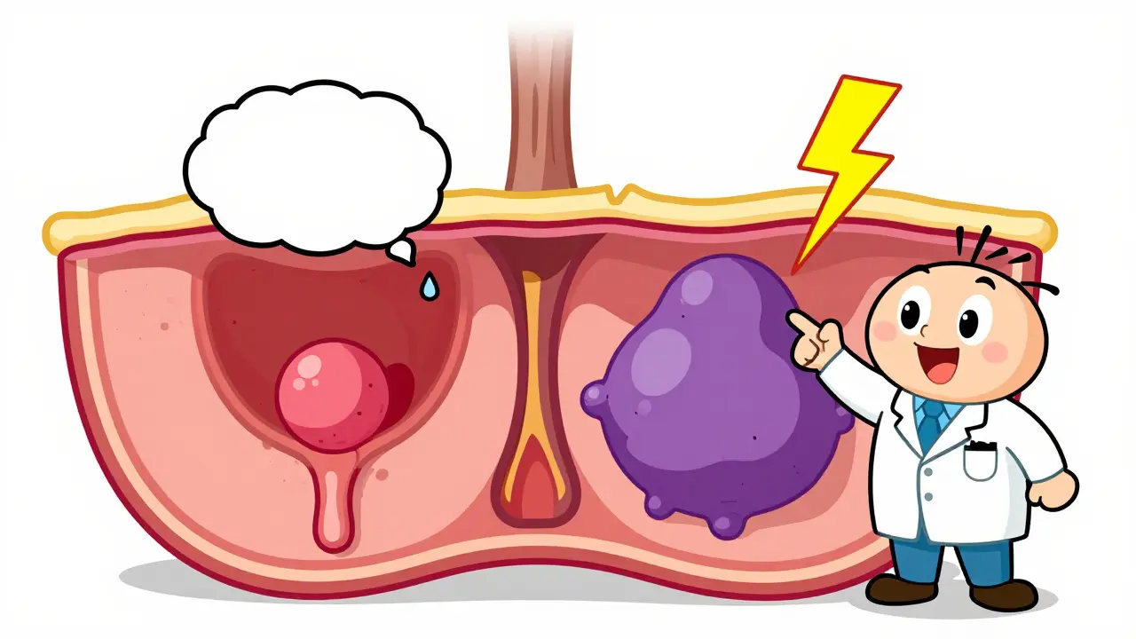 Cartoon diagram comparing internal and external hemorrhoids