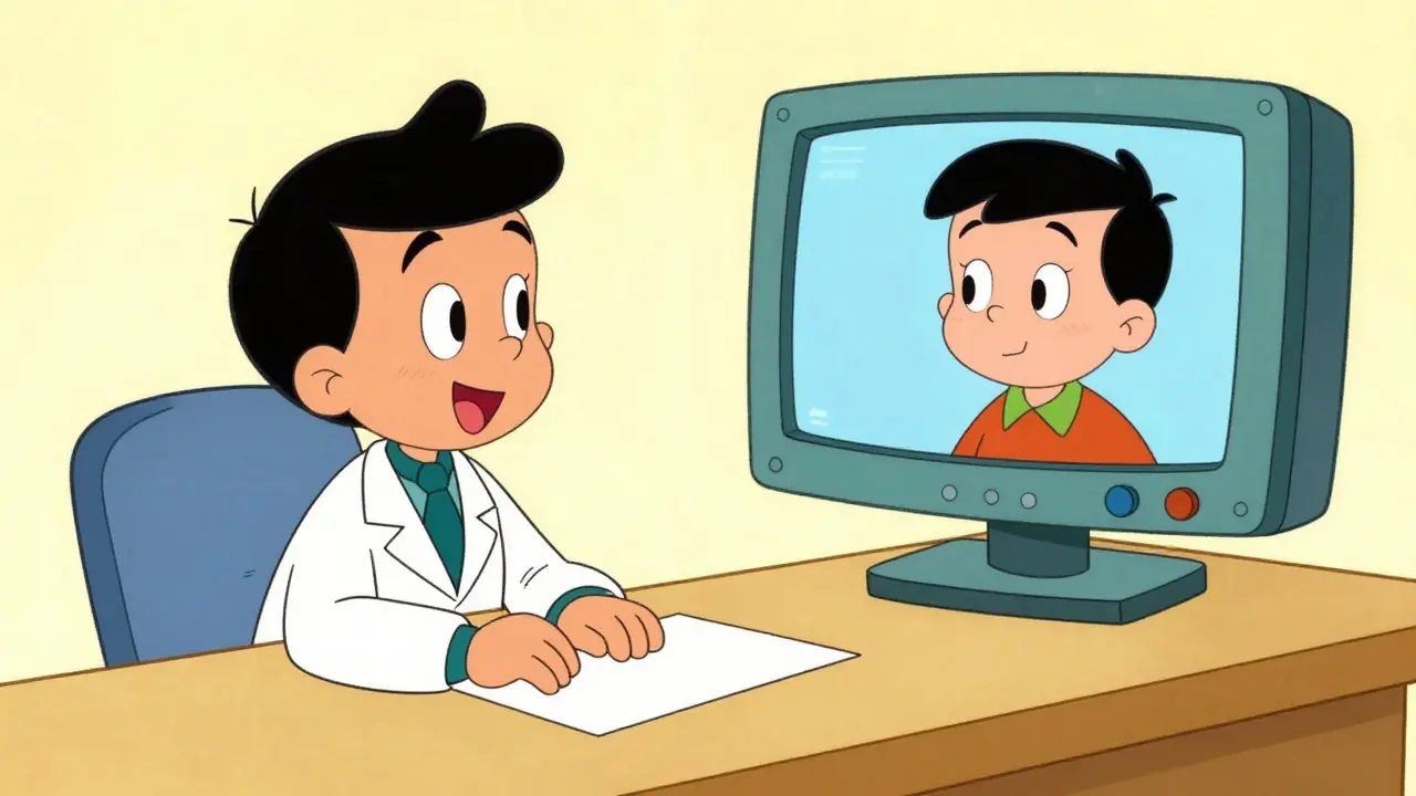 Cartoon doctor consulting with patient via video call for prescription