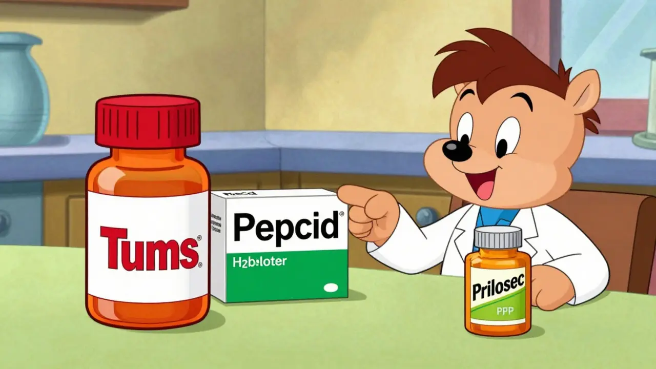 Cartoon doctor pointing to safe heartburn medications like Tums and Pepcid