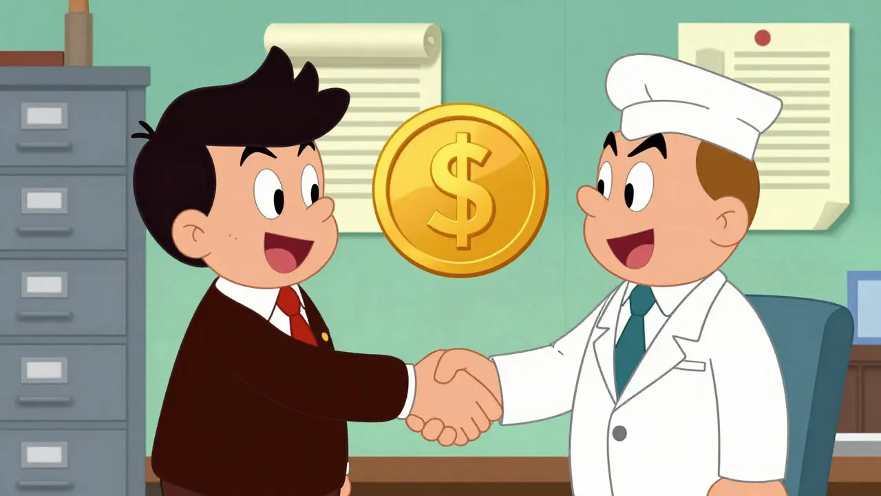 Cartoon officials shaking hands over gold coins representing rebates