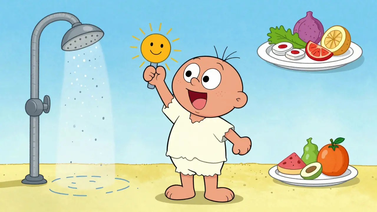 Cartoon person applying sunscreen and eating healthy food