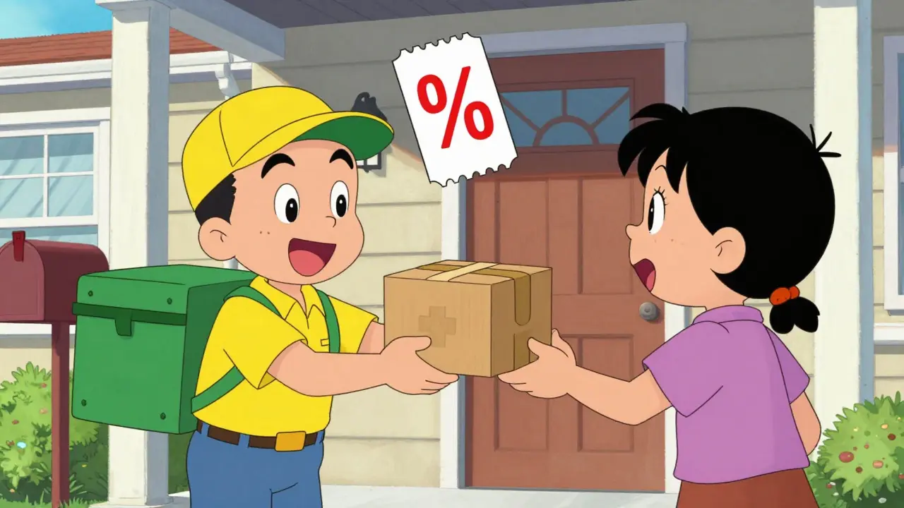 Delivery person handing package to customer with discount coupon