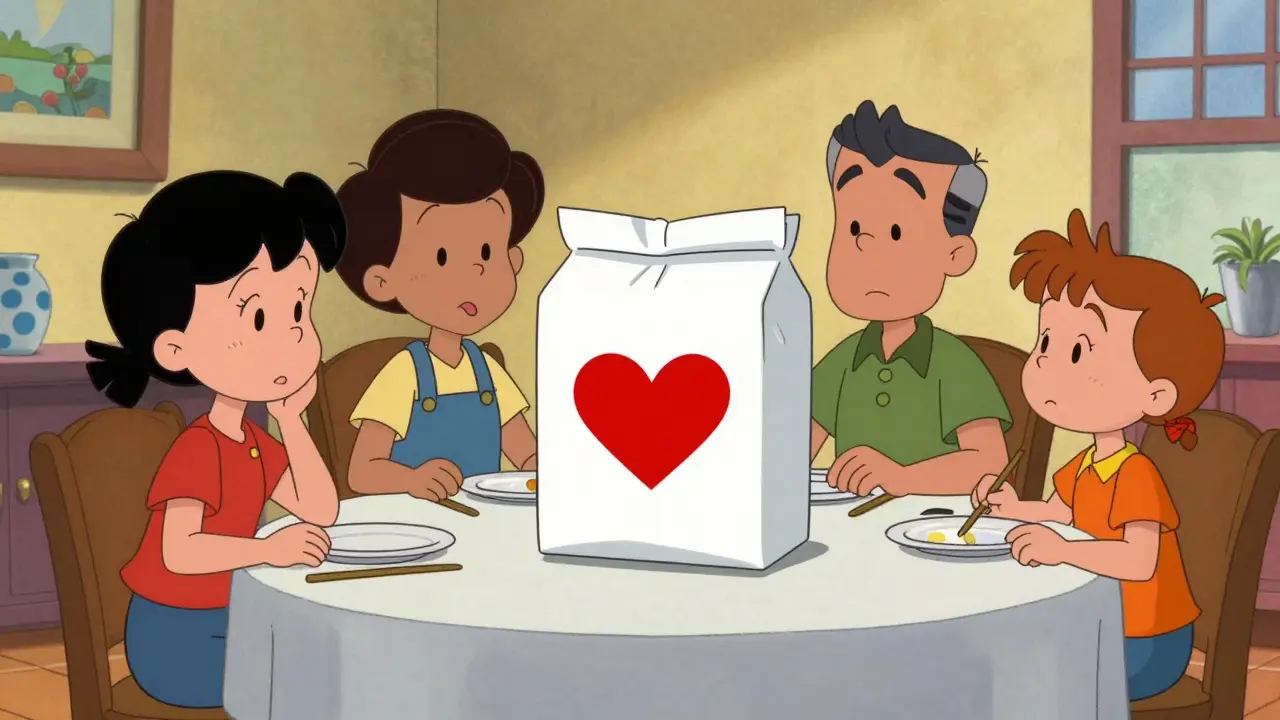 Happy family receiving medication package at dinner table