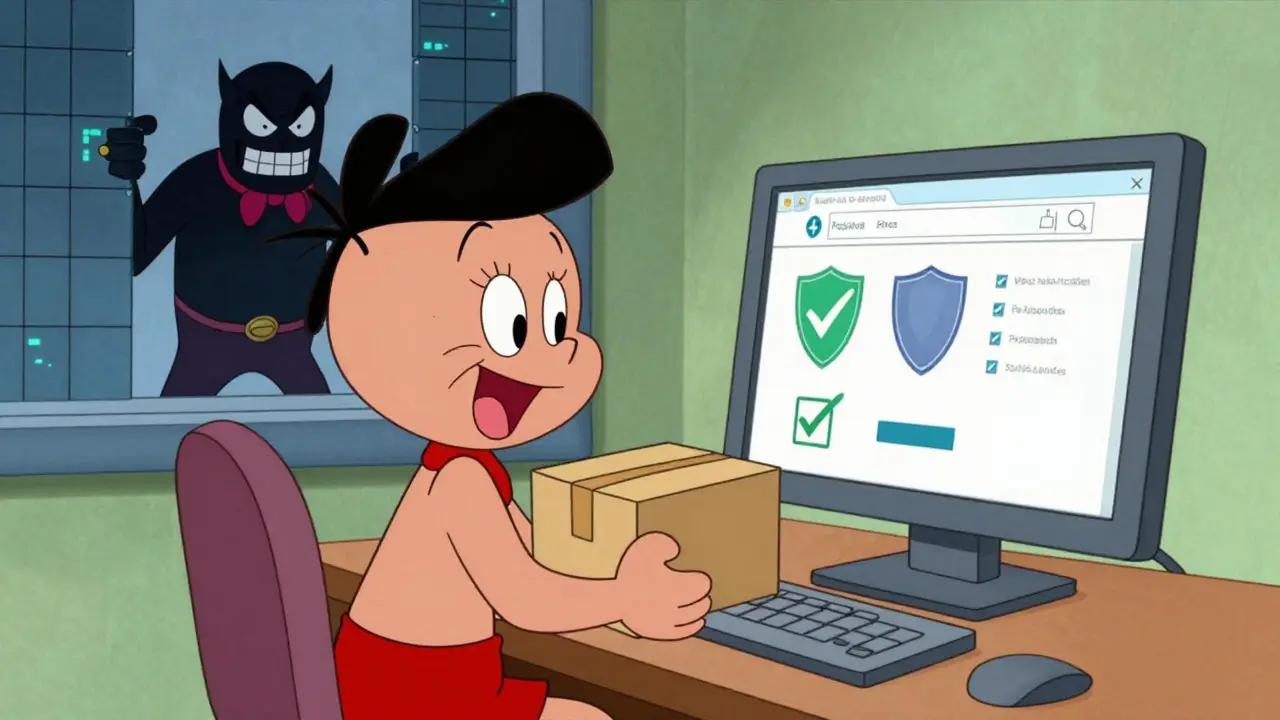 Happy person safely ordering medicine online