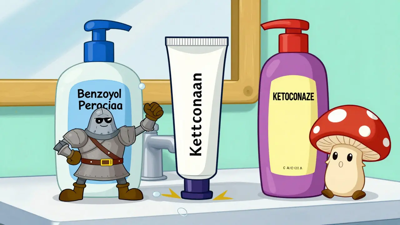 Illustration of acne treatment bottles with cute mascots