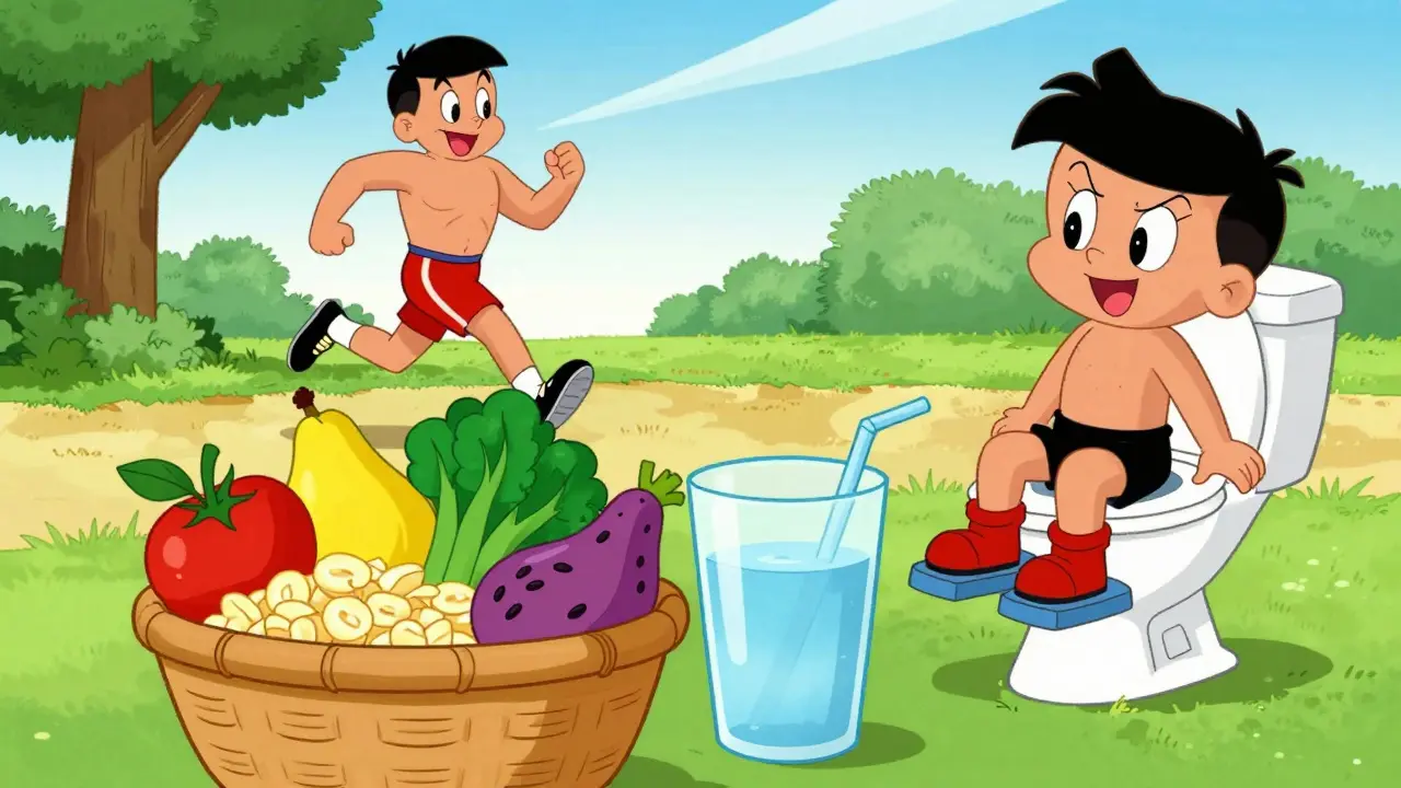 Illustration of healthy foods and exercise for hemorrhoid prevention
