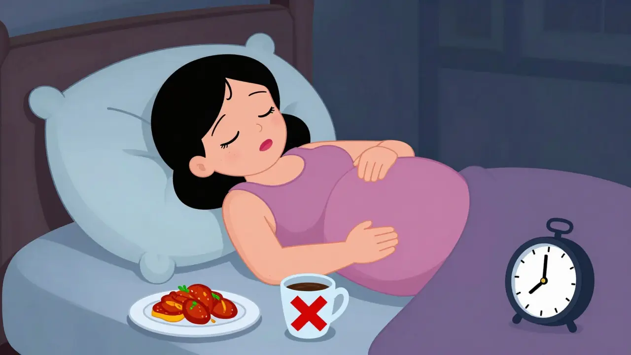Pregnant woman sleeping with elevated head, avoiding trigger foods at night