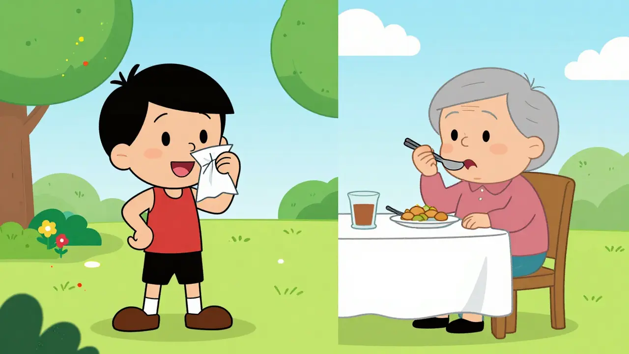 Split cartoon scene showing allergy relief and heartburn cure