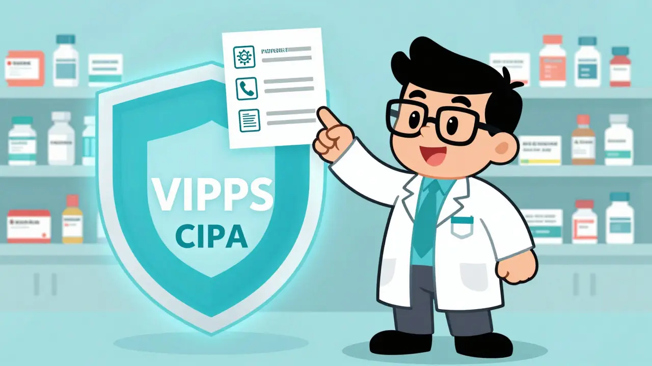 Trustworthy pharmacist character next to a safety verification shield