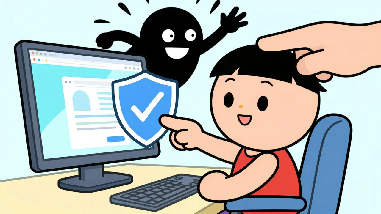 Animated figure safely buying medicine online with a security shield icon