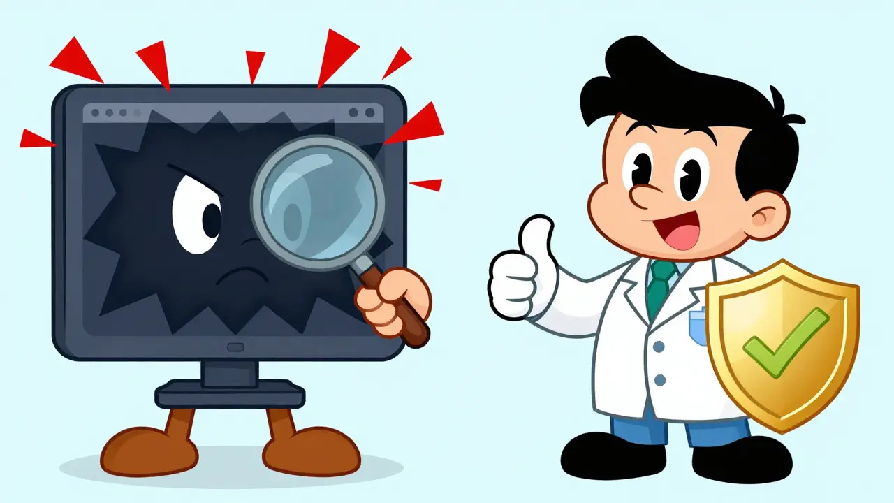 Cartoon comparing safe verified pharmacy vs suspicious site