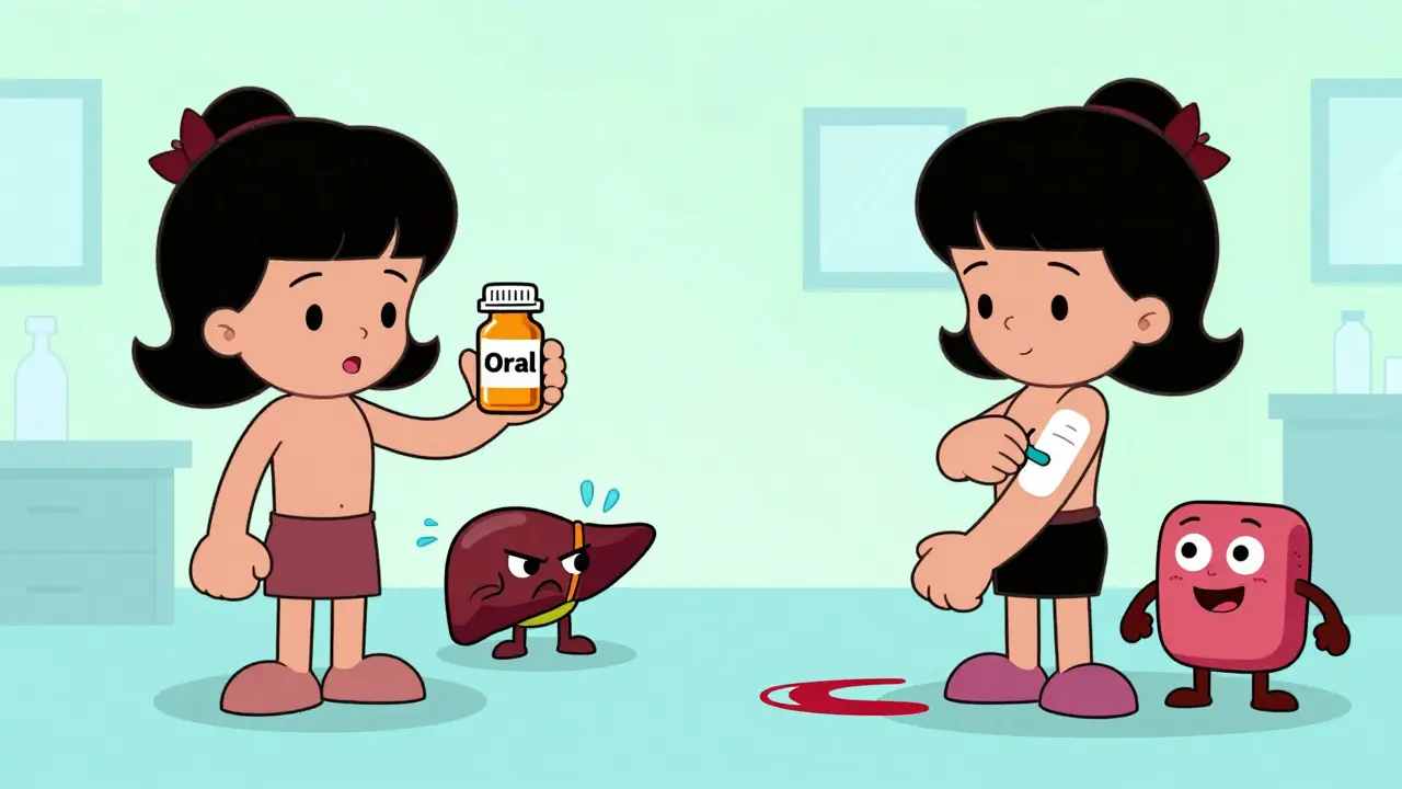 Cartoon comparison of oral pills vs skin patches for hormones