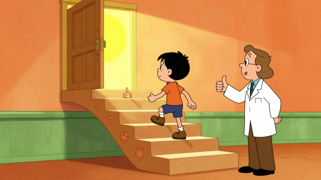 Cartoon showing patient taking steady steps up stairs toward recovery with support.