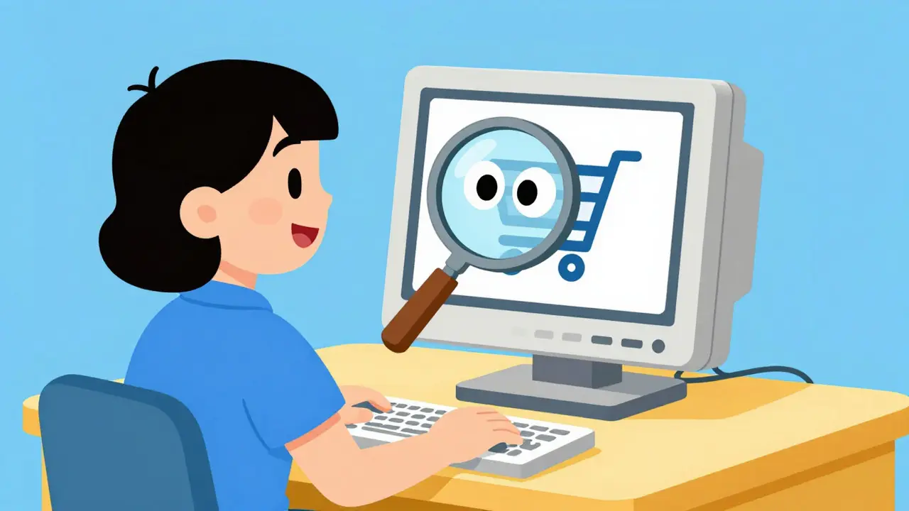 Cartoon user verifying safe online pharmacy